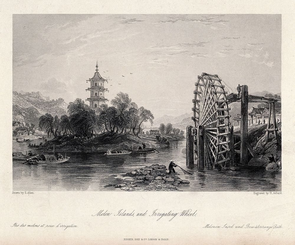 Water-wheel, Melon Islands. Engraving by H. Adlard after T. Allom.