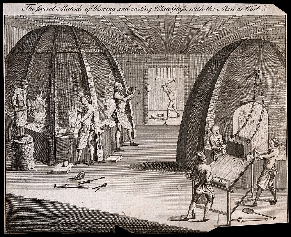 Glass: men at work inside a plate glass factory. Engraving, possibly by C. Grignion [], 1747.
