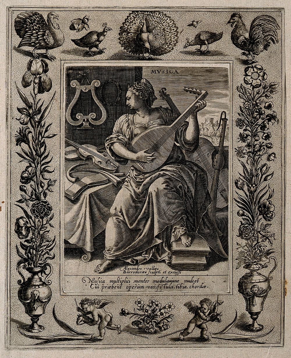 A female figure playing a stringed instrument; representing music. Engraving by A. Vallée after M. de Vos.
