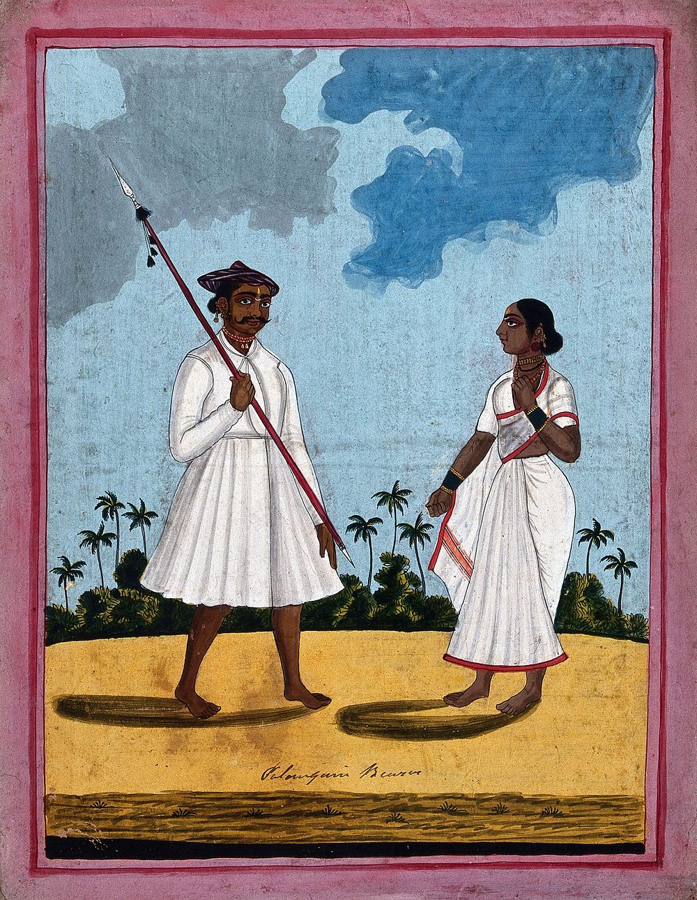 A palanquin bearer and wife. Gouache drawing.