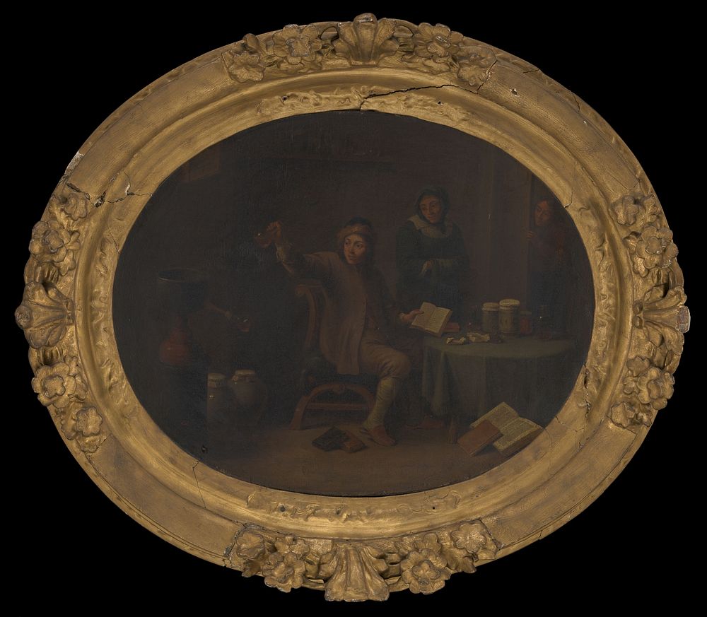 A man examining a urine flask. Oil painting after David Teniers the younger.