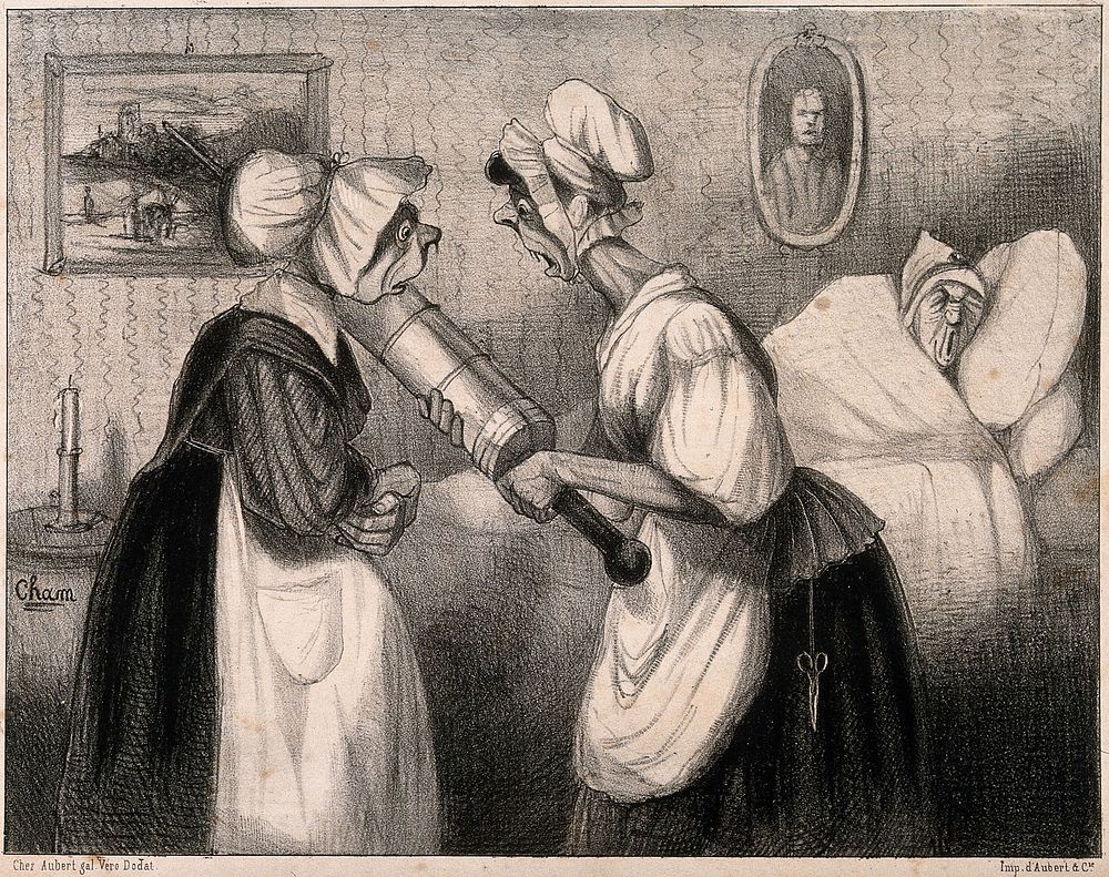 Two maids confer on whether to 'refresh' a sick man even further by putting cold water into his enema. Lithograph by Cham…