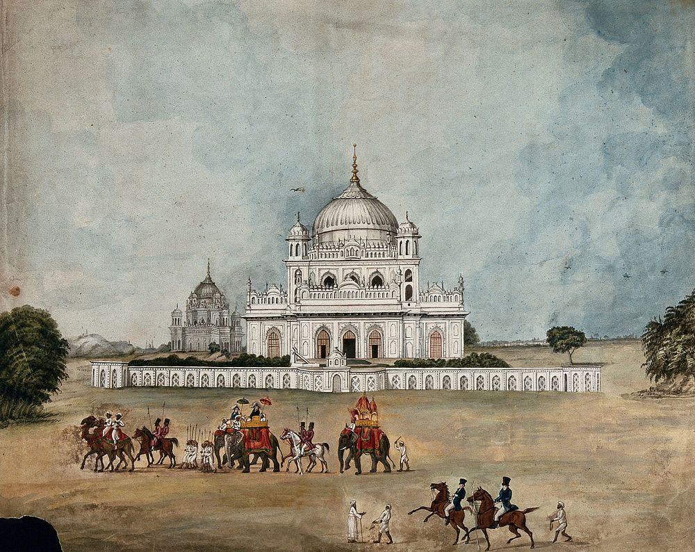 Two Englishmen on elephants riding in convoy before a Mughal palace or tomb. Gouache painting by an Indian painter.