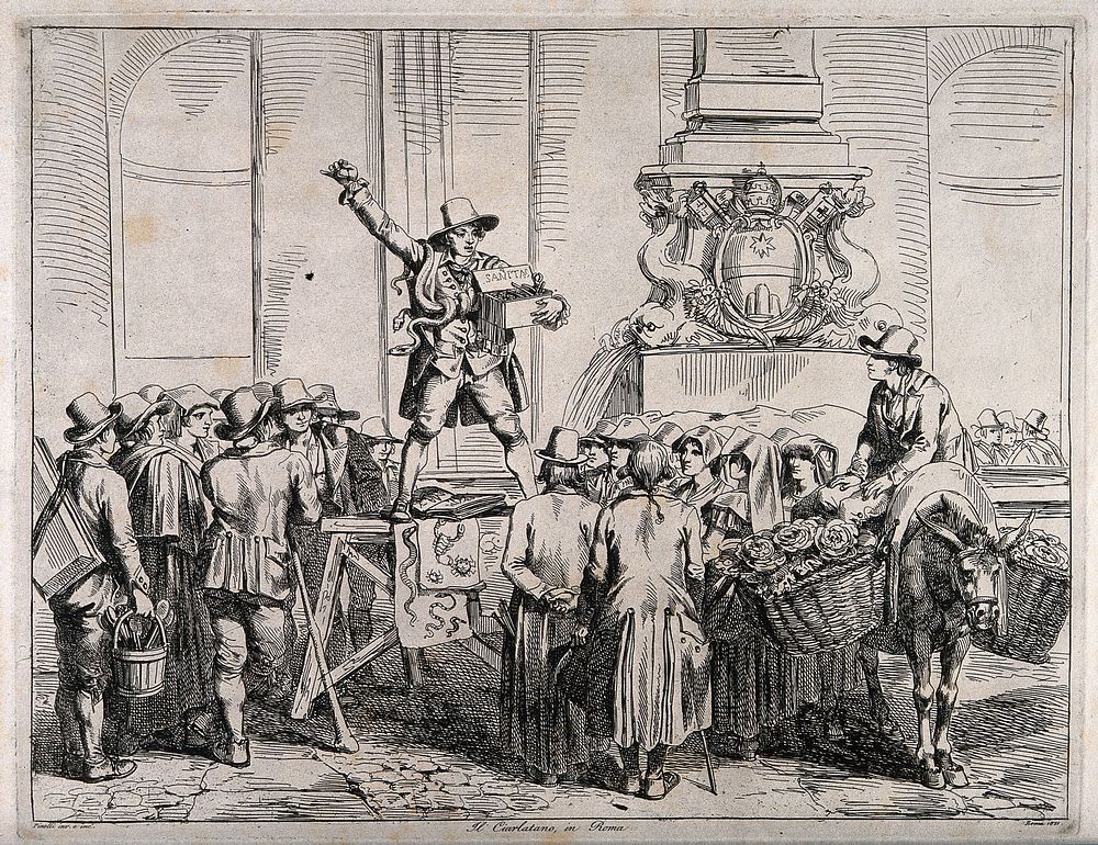 A salesman in Rome with a snake selling amulets as antidotes or prophylactics against snake-bite to a crowd of people.…