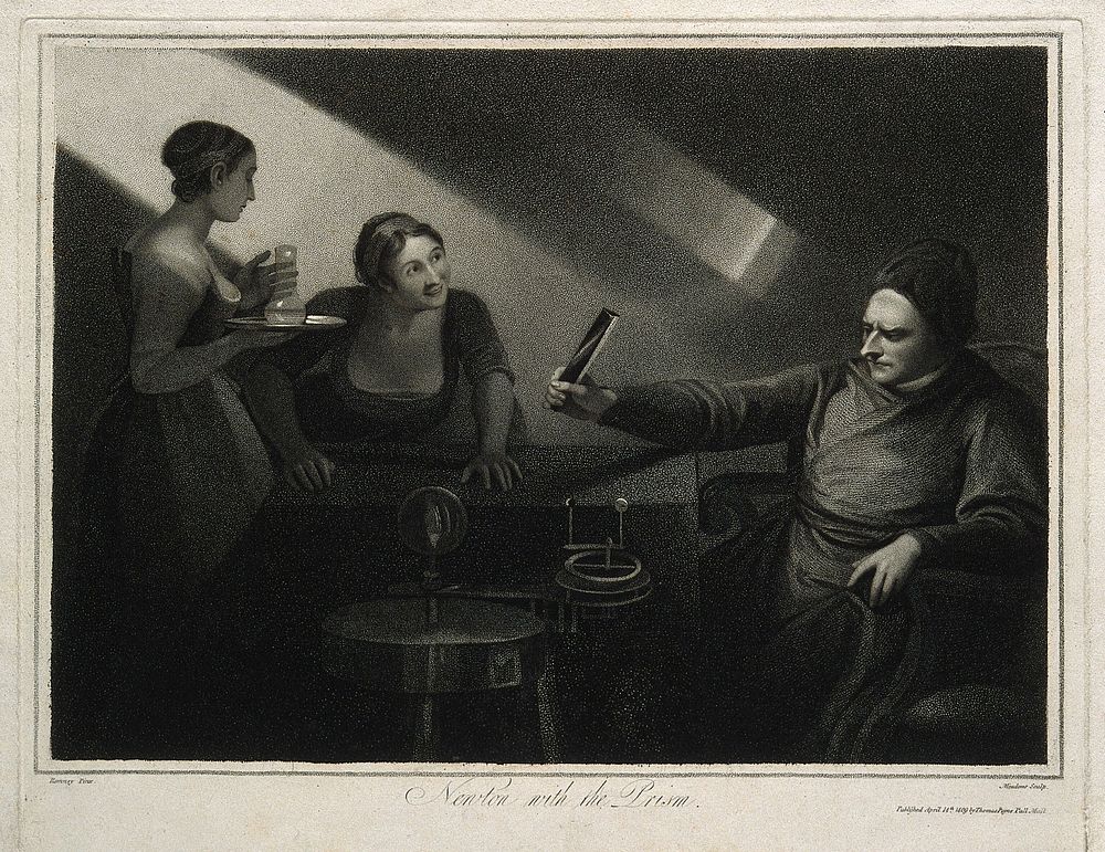 Sir Isaac Newton: optical experiments. Stipple engraving by R.M. Meadows, 1809, after G. Romney, 1796.
