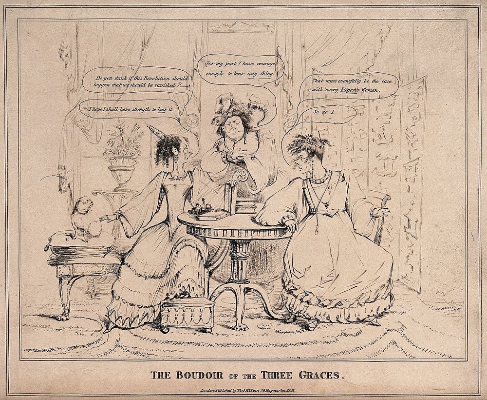 Three women seated around a table discussing the prospect of being raped in a potential revolution. Etching, 1831.