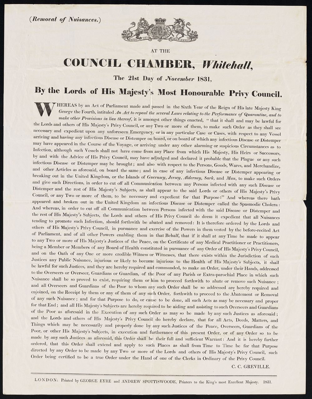 At the council chamber, Whitehall, the 21st day of November 1831 / by the Lords of His Majesty's Privy Council ; C.C.…