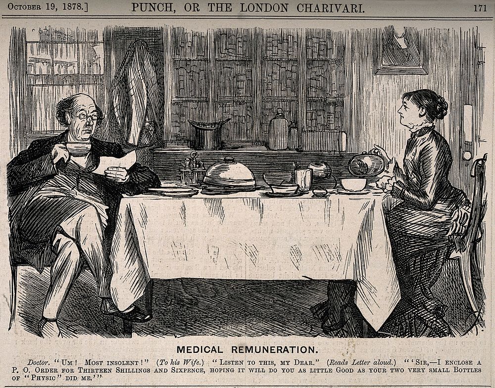 A doctor reading out a letter from a dissatisfied patient to his wife over breakfast. Wood engraving by C. Keene, 1878.