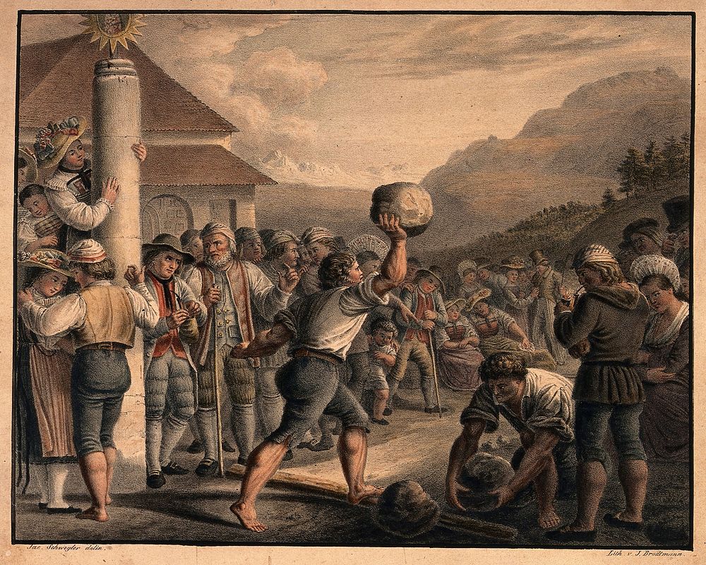 A man is running with a large stone in his hand, another man picks up a stone to join the competition. Coloured lithograph…
