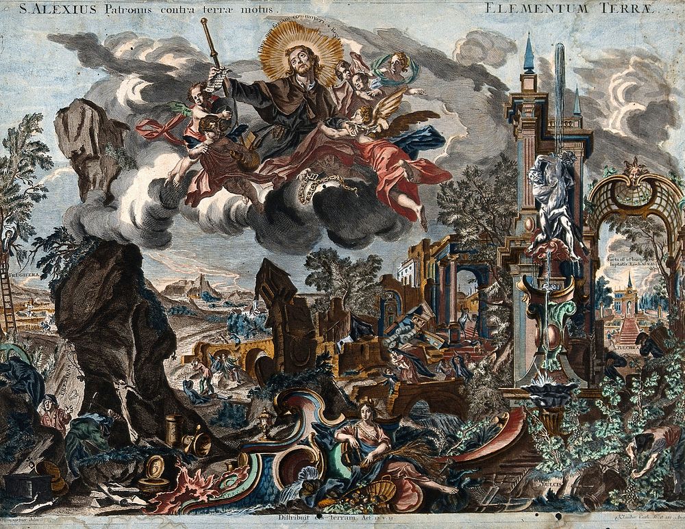 Saint Alexius as protector against earthquakes. Coloured engraving by J. and J. Klauber after J.B Baumgartner.