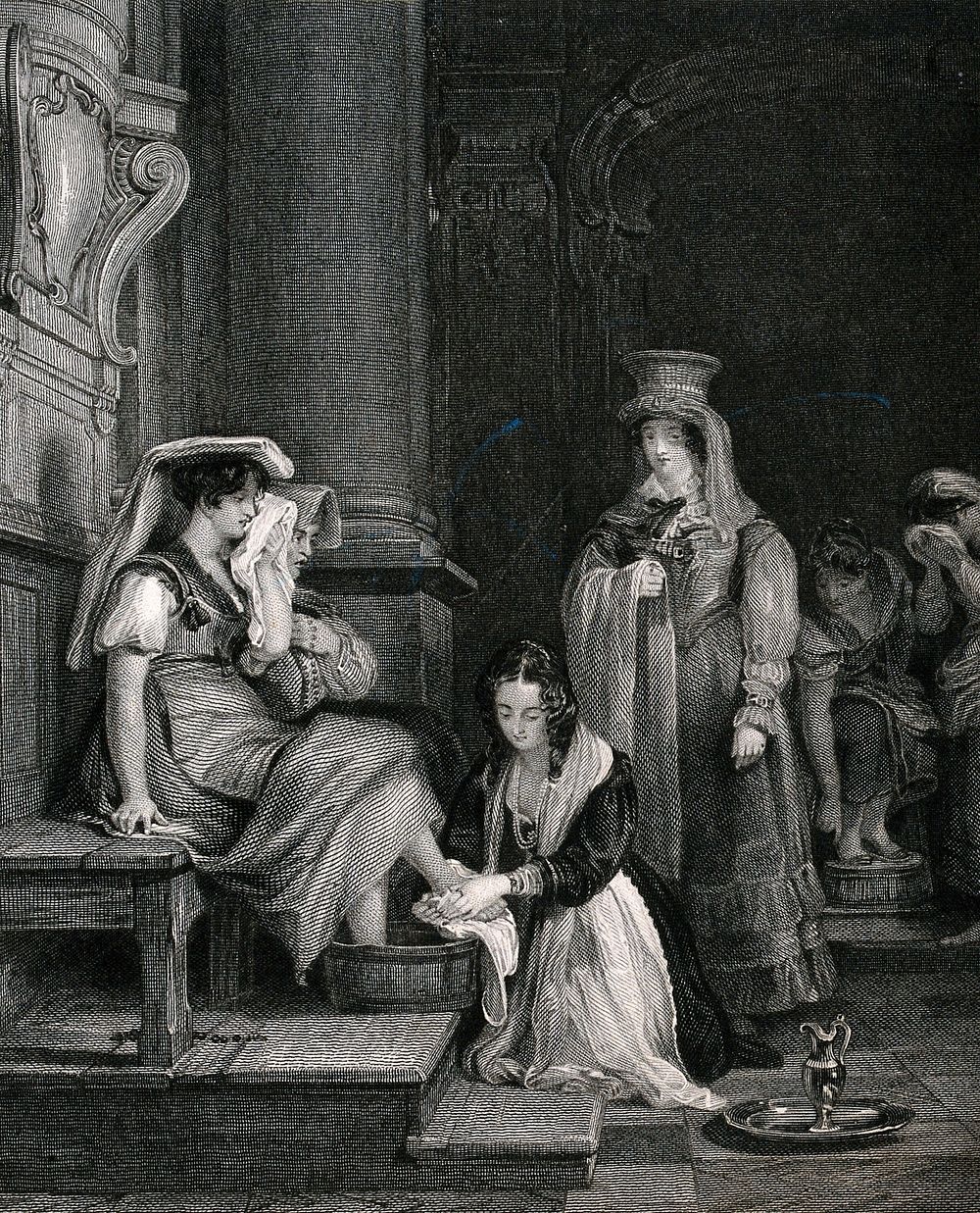 A woman washes the feet of another woman in a church. Engraving.