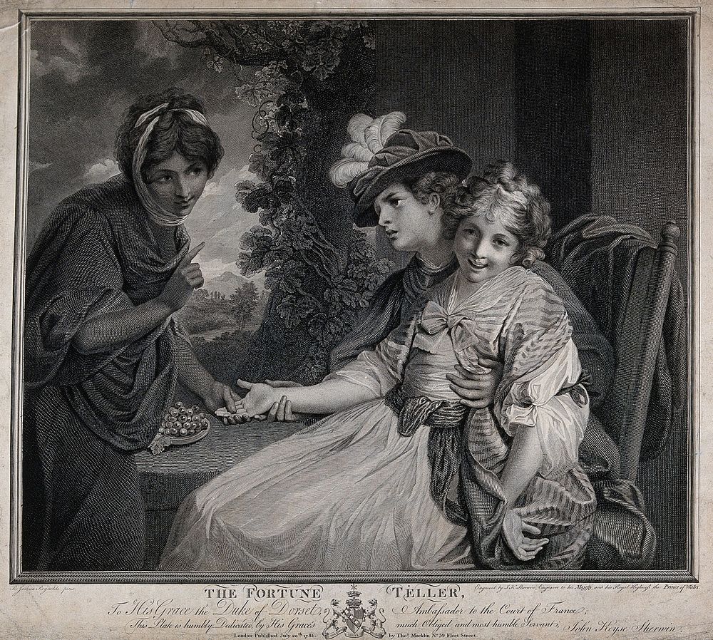 A fortune-teller is reading the palm of a woman with little girl on her lap. Engraving by J.K. Sherwin after J. Reynolds…