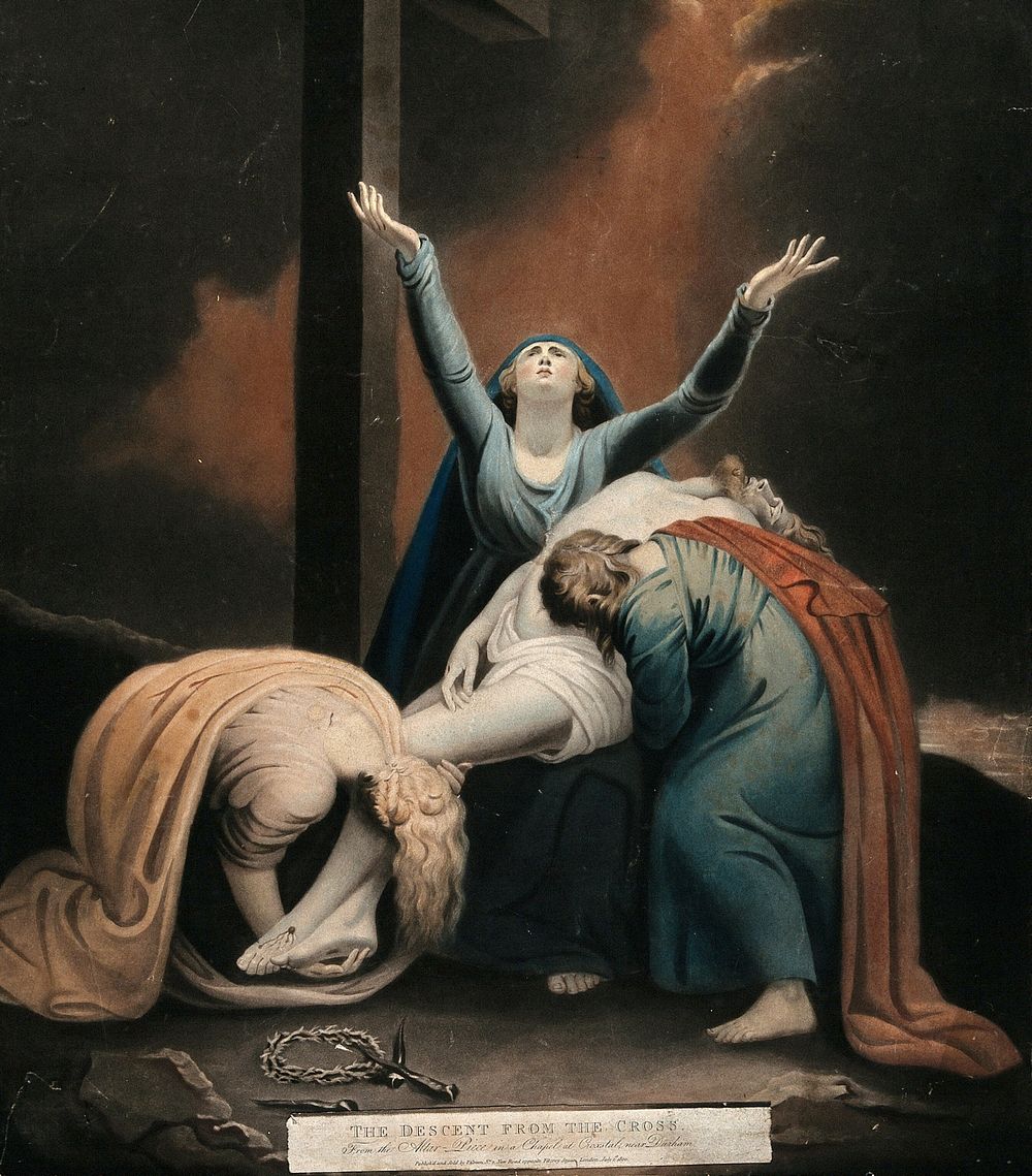The three holy women lament over the dead body of Christ. Coloured mezzotint by V. Green, 1800, after Maria Cosway, 1799.