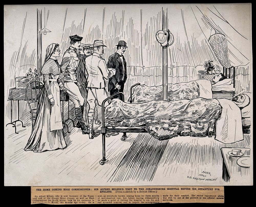 Boer War: the High Commissioner for South Africa, Sir Alfred Milner, visiting a hospital ward where two men lie injured. Pen…