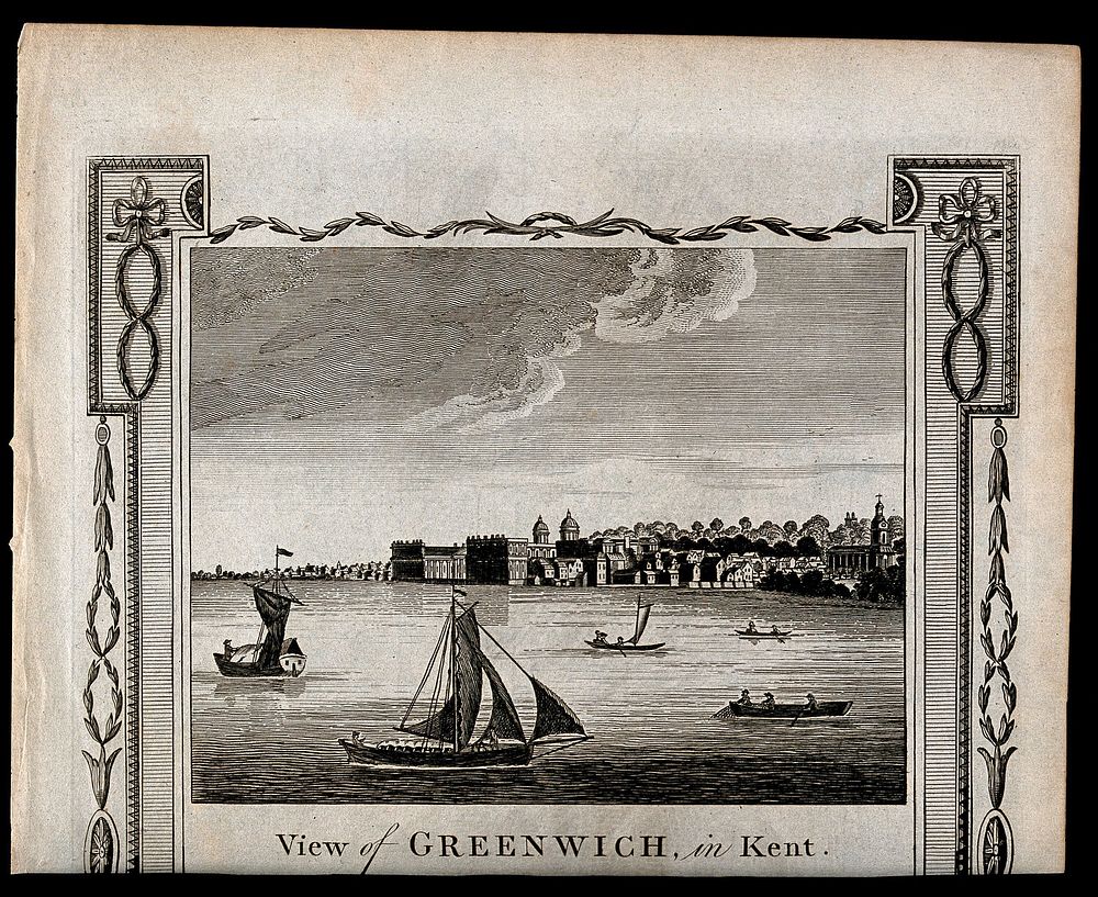 Royal Naval Hospital, Greenwich, a distant view, with ships and rowing boats in the foreground. Engraving, 1784.