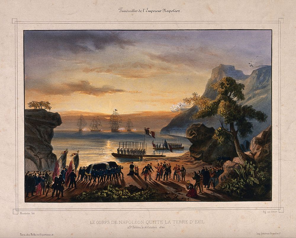 Transfer of the body of Napoleon Bonaparte from St. Helena in 1840. Coloured lithograph by J.A. Monthelier after P.F.…