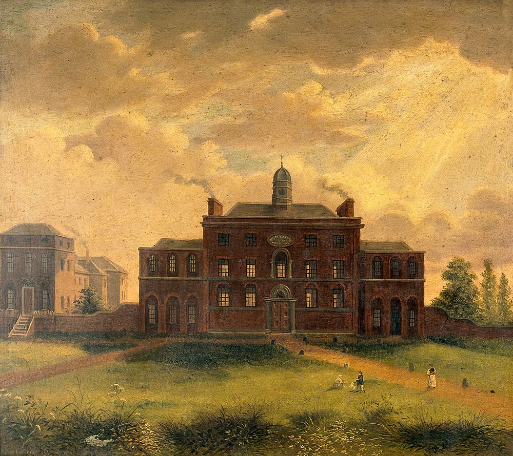Saint Pancras smallpox hospital, London. Oil painting after G.S. Shepherd, 1806.