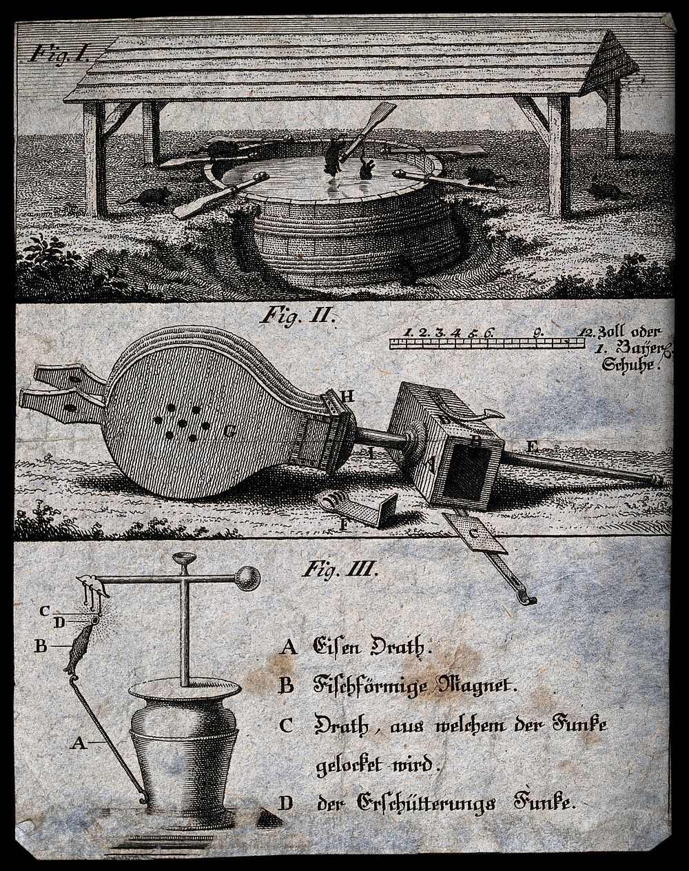 Inventions: a rat-trap (top) a bellows (centre) and an electrical capacitor [] (below). Engraving.