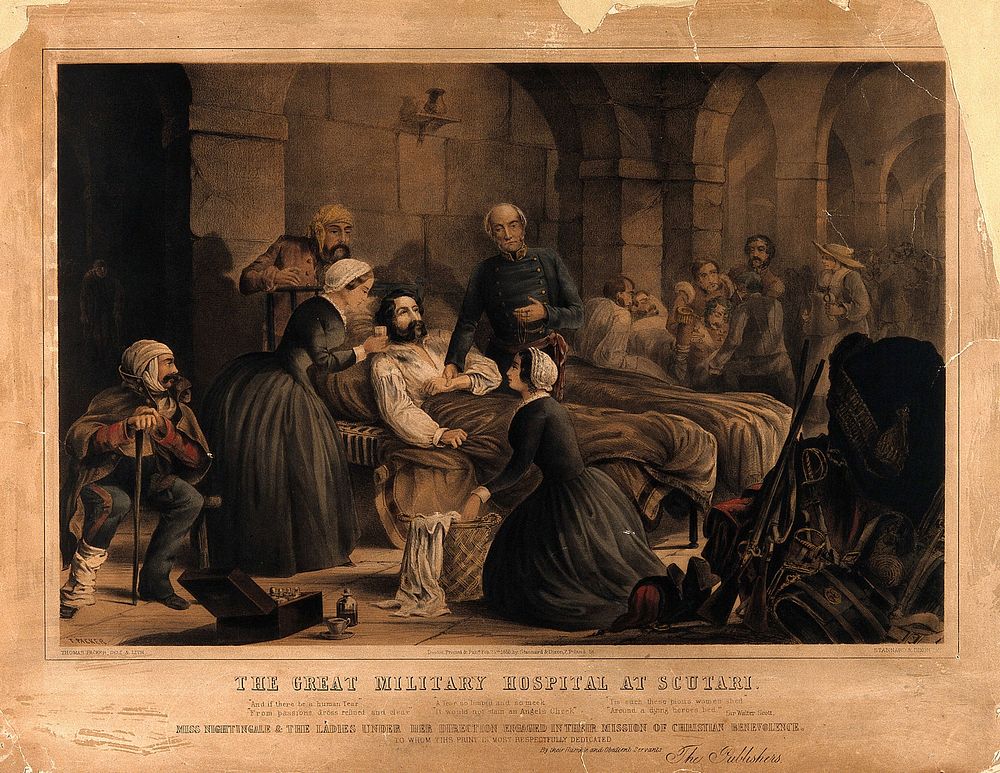 Crimean War: Florence Nightingale and her staff nursing a patient in the military hospital at Scutari. Coloured lithograph…