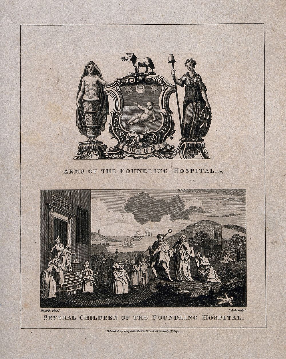 Foundling Hospital: above, the achievement of arms, below, Captain Coram and several children, carrying implements of work…