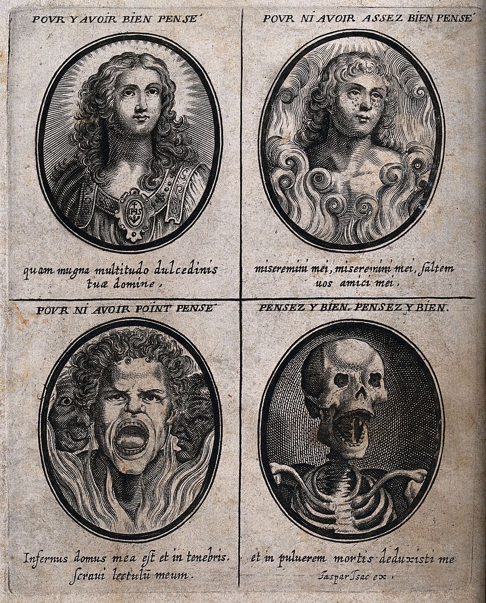 Four heads representing the souls of people who have given different degrees of attention to spiritual matters. Engraving…