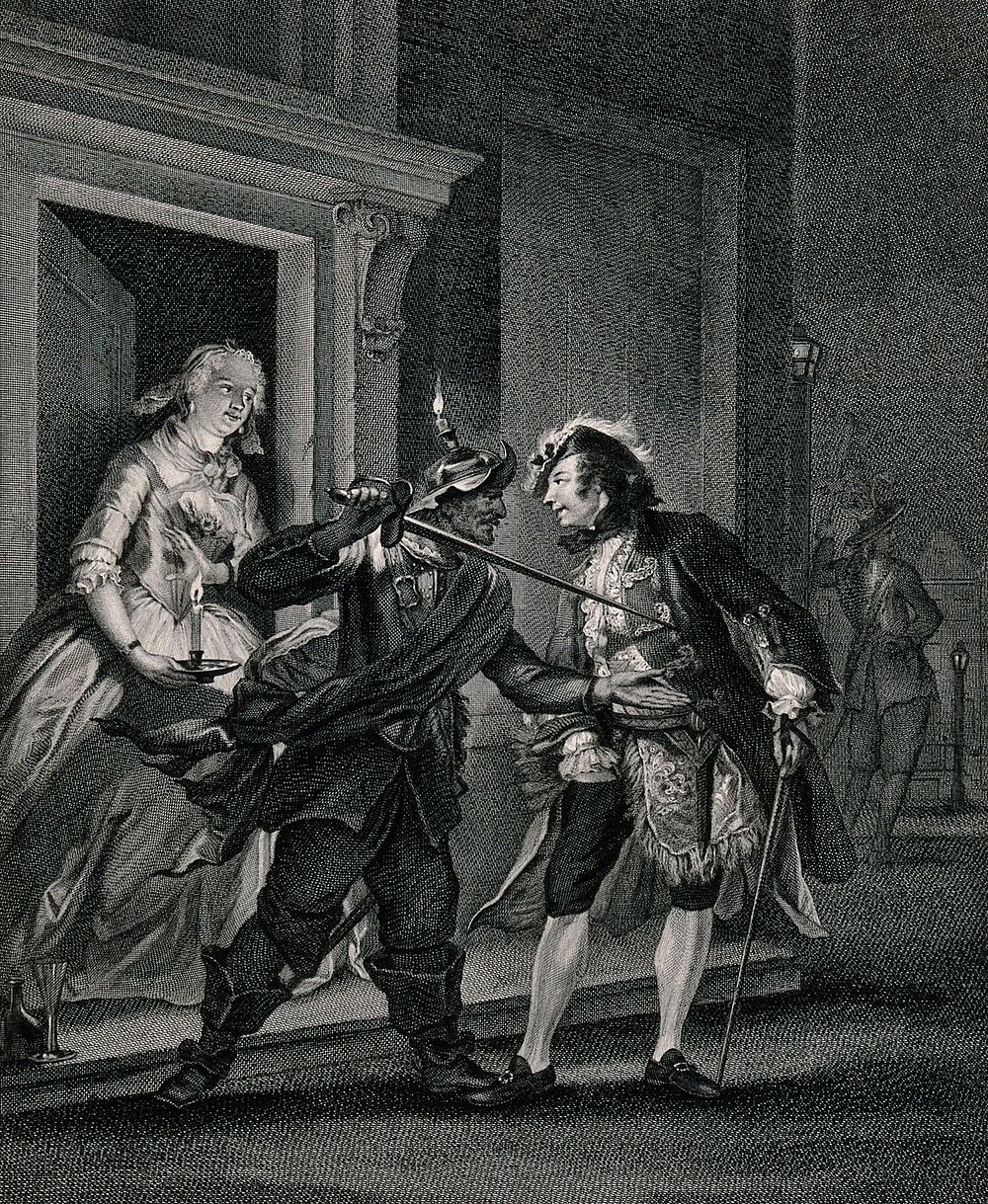 A young man attempting to visit a young lady at a door: he is prevented from doing so by a guard. Engraving by J. Houbraken…