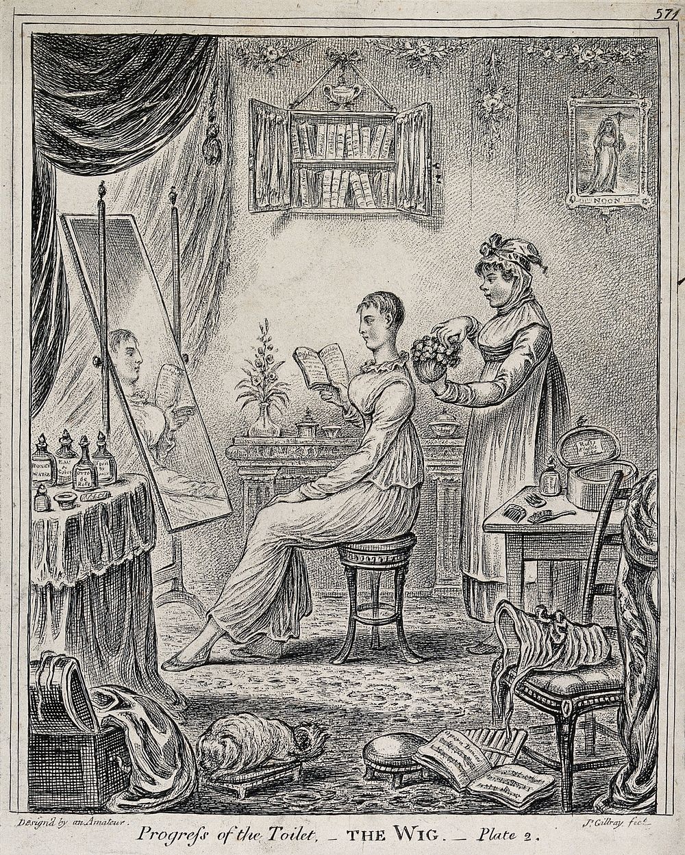 A woman sitting at a dressing table reading a book; behind her a maidservant fluffs up the curls on a wig which she is about…