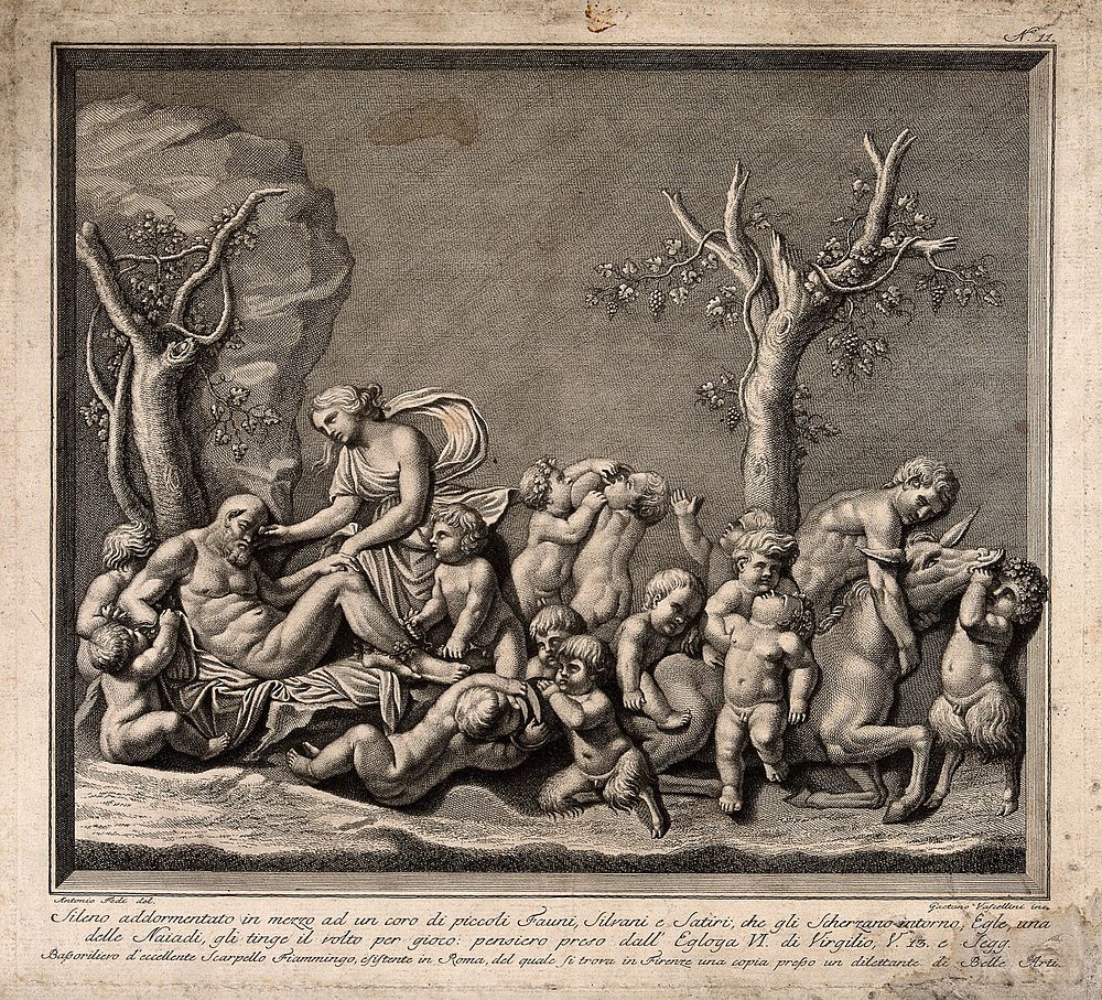 Silenus in a drunken sleep with satyrs and the naiad Aegle. Engraving by G. Vascellini after A. Fedi.