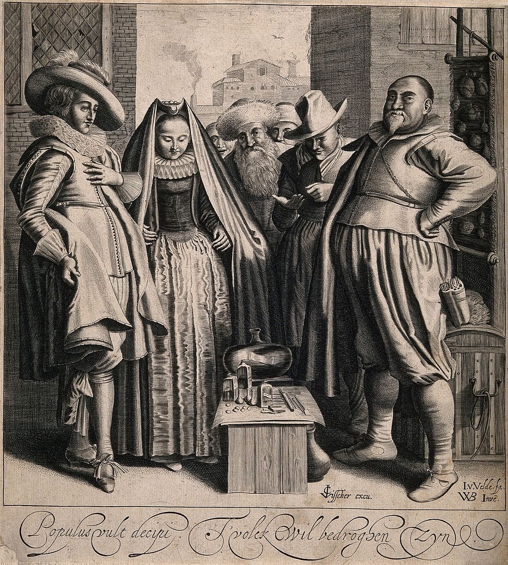 An itinerant medicine vendor proudly presenting his wares to a small group of people. Line engraving by J. van de Velde…