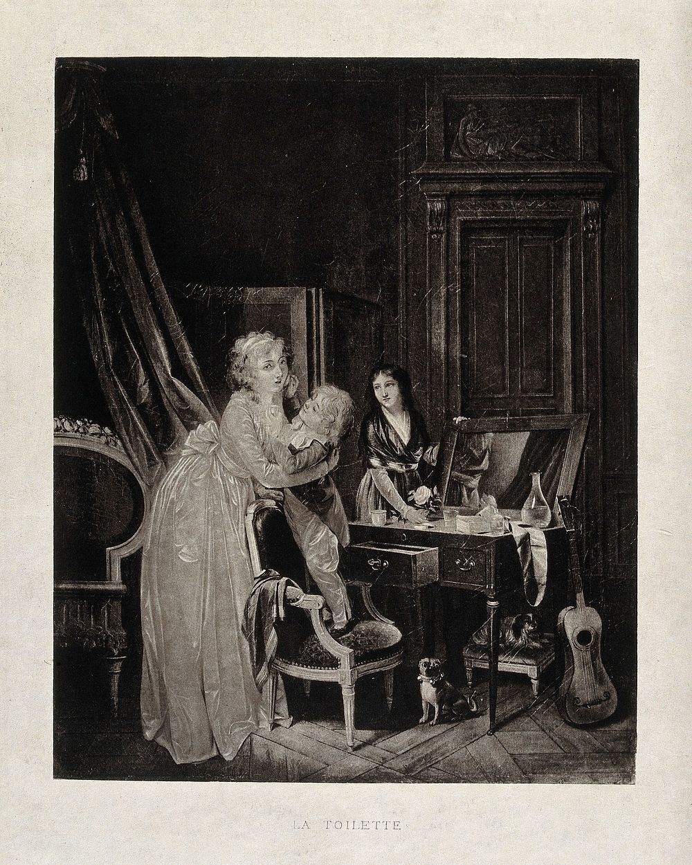A child standing on a chair and powdering a woman's face; a maidservant stands to the right. Photogravure after L.L. Boilly.