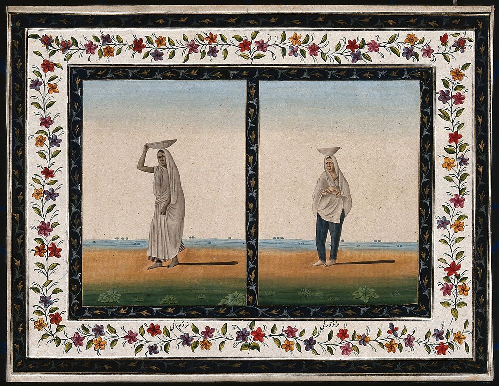 Two female labourers carrying a load on their head. Gouache painting by an Indian artist.