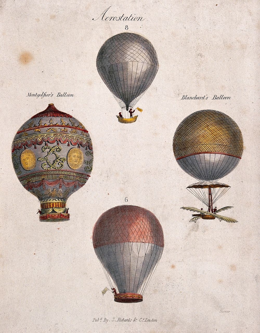 Ballooning: four figures. Coloured engraving by Garner.