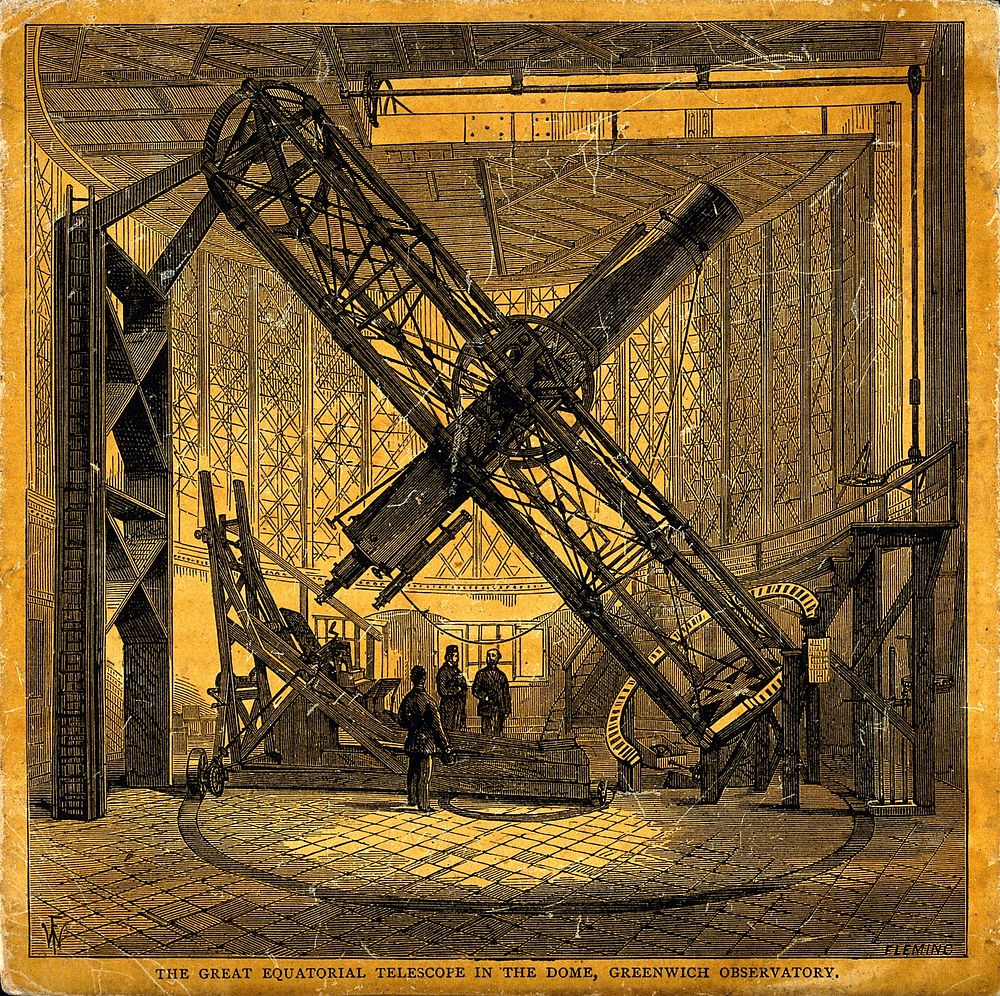 Astronomy: a large telescope, at Greenwich Observatory. Coloured wood engraving.