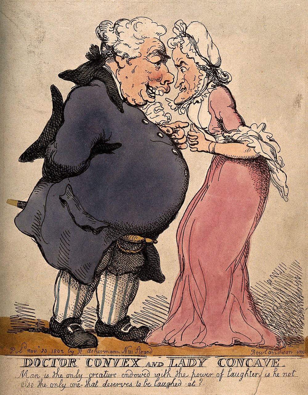 A tall lean woman having a discussion with an obese man. Coloured etching by T. Rowlandson, 1802.