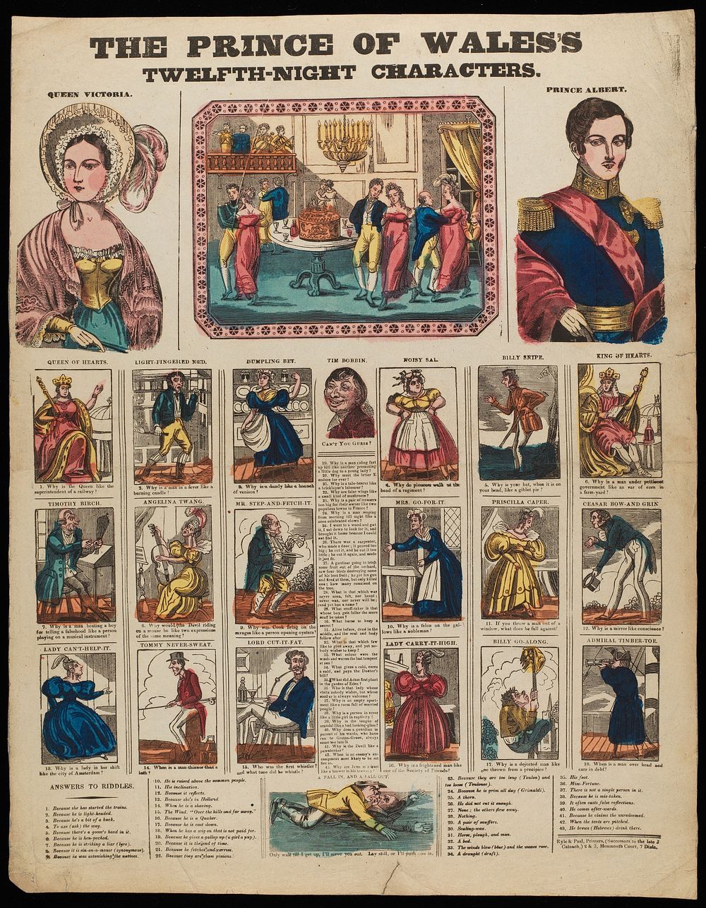 Top left, Queen Victoria; top centre, couples dancing during a ball; top right, Prince Albert; below, various characters.…