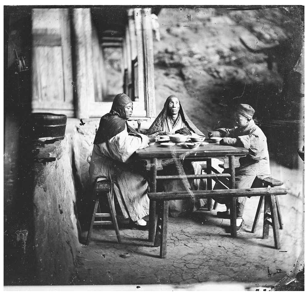 Fangguangyan monastery, Fujian province, China: three monks at the meal table. Photograph by John Thomson, 1870-18711.