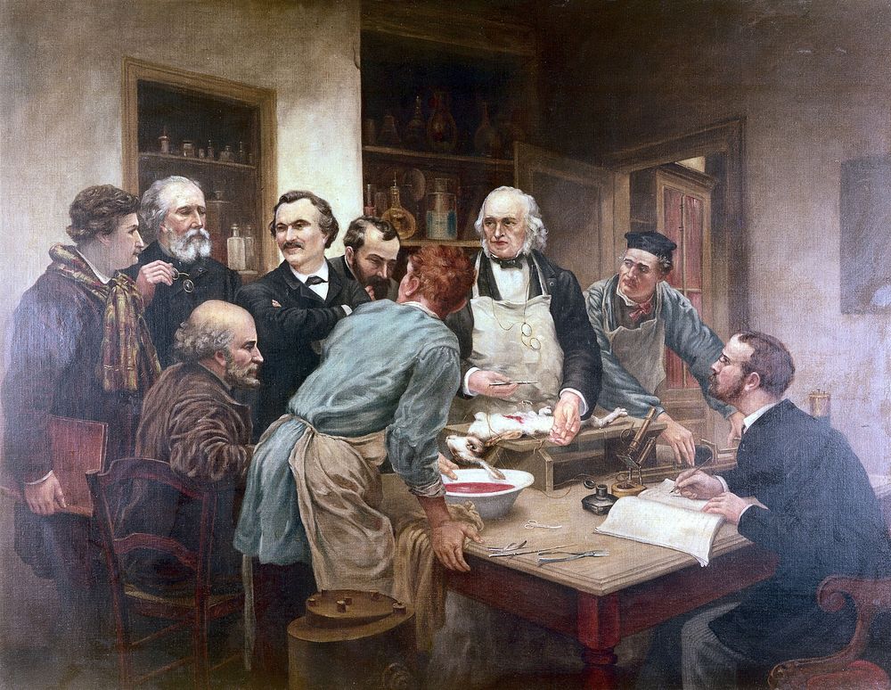 Claude Bernard and his pupils. Oil painting after Léon-Augustin Lhermitte.