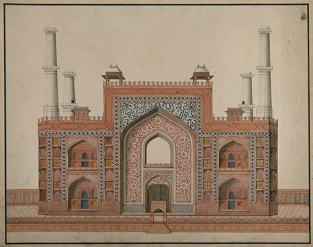 Sikandra, near Agra, Uttar Pradesh: gateway to the mausoleum of the Emperor Akbar. Gouache painting.