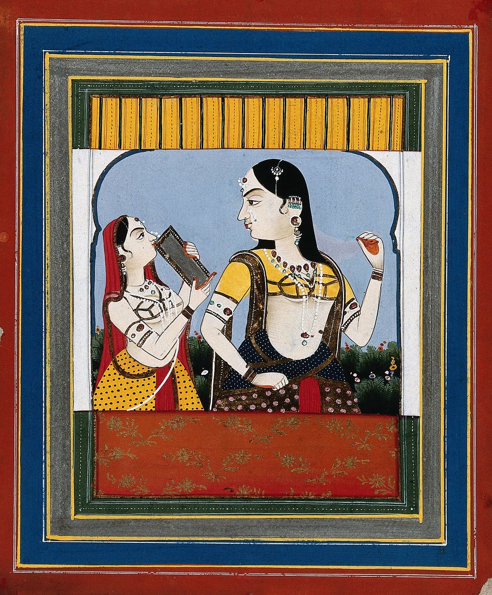 An Indian lady looking into a small mirror held by another woman. Gouache painting by an Indian painter.