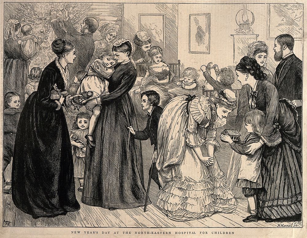 Mothers and nurses play with sick children on New Years Day. Wood engraving by H. Harral after M.E. Edwards.