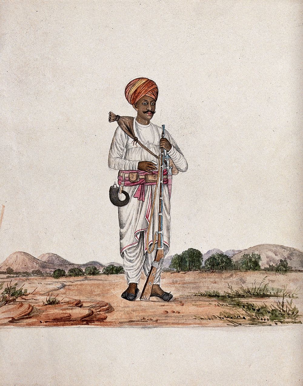 A man in the desert carrying a rifle in one hand and a water pouch over his shoulder. Gouache painting by an Indian artist.