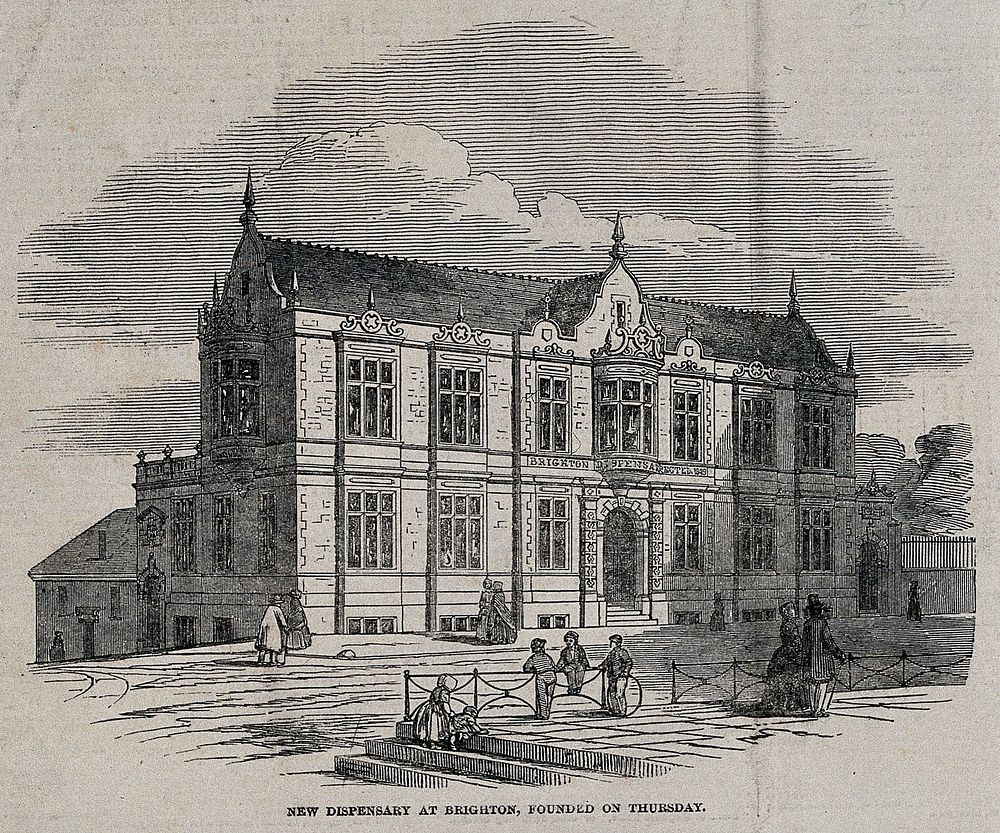 The Dispensary, Brighton: perspective view. Wood engraving, 1849.