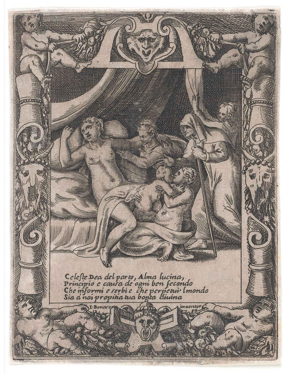 A woman giving birth, calling out to the Roman goddess Lucina. Engraving by G. Bonasone, 15--.
