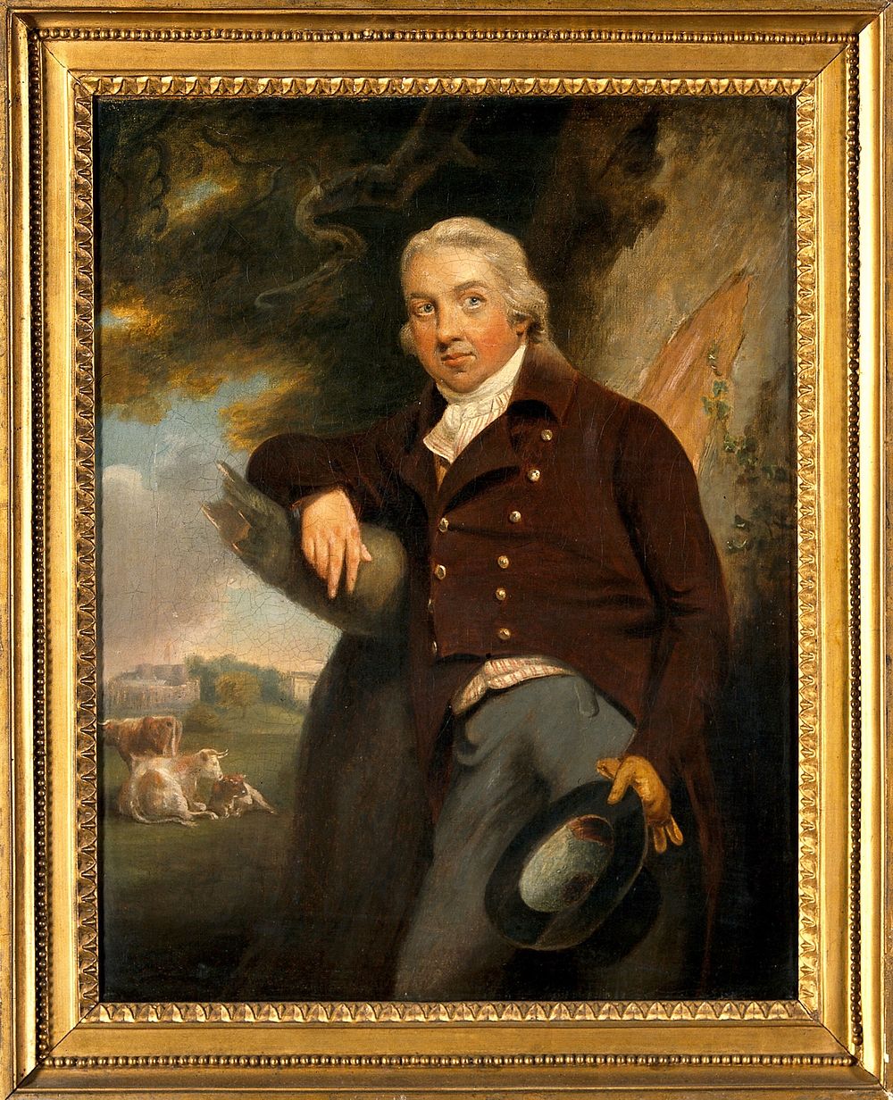Edward Jenner, with a view of Berkeley, Glos. Oil painting attributed to John Raphael Smith.