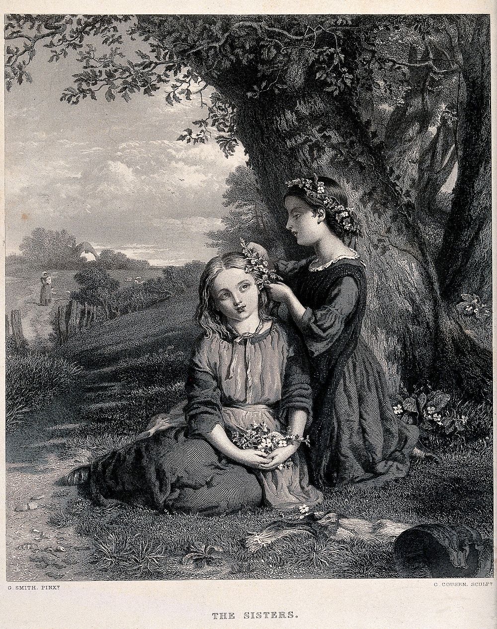 Two sisters sit under a tree decorating each others' hair with flowers. Engraving by C. Cousen after G. Smith.
