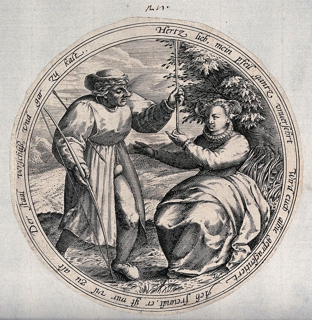 A man holds a bow and arrow: a woman tests the sharpness of the point of the arrow. Engraving after M. van Cleve.
