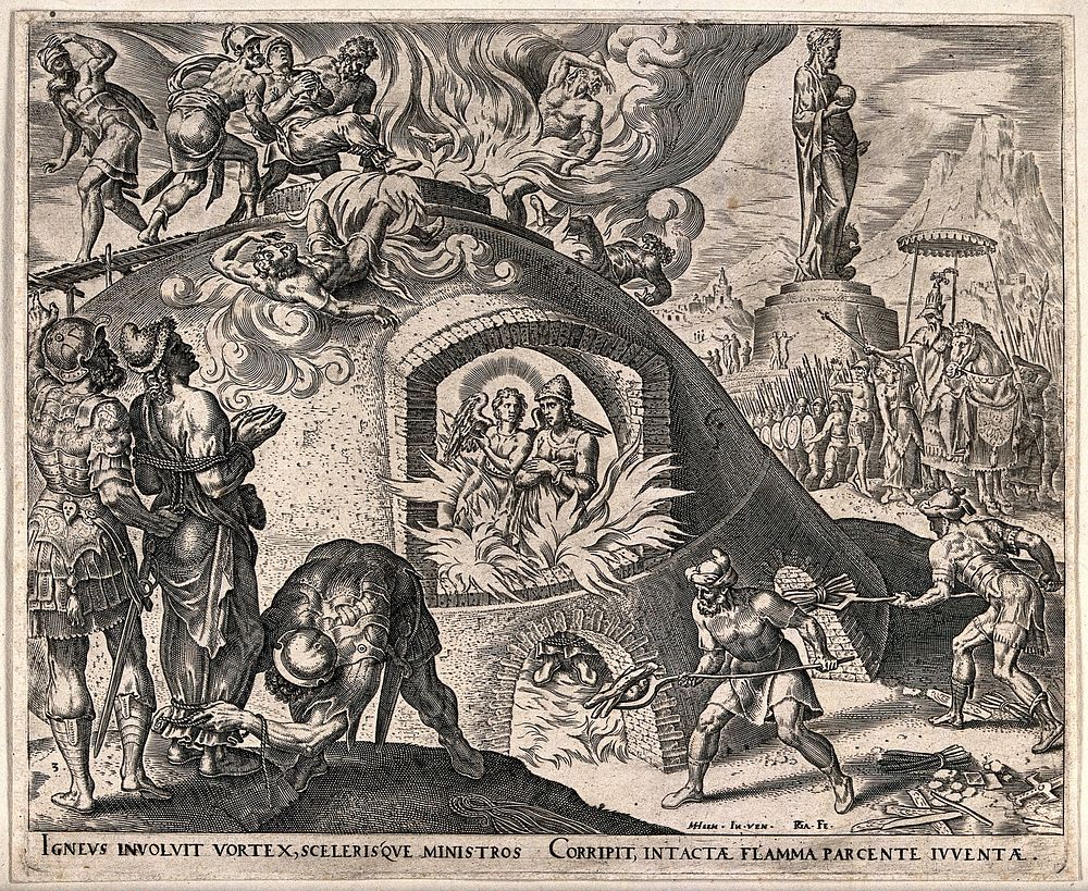 Shadrach, Meshach and Abednego. Engraving by P. Galle after Maarten van Heemskerck.