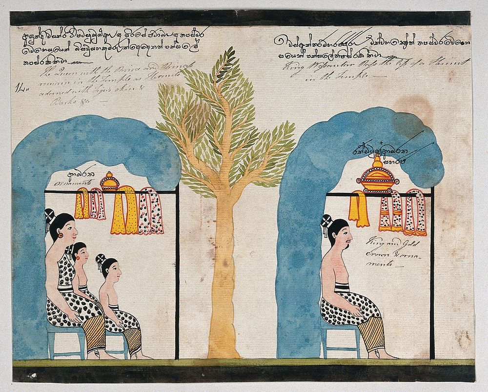 Prince Vessantara and his family live as hermits in separate temples. Watercolour.