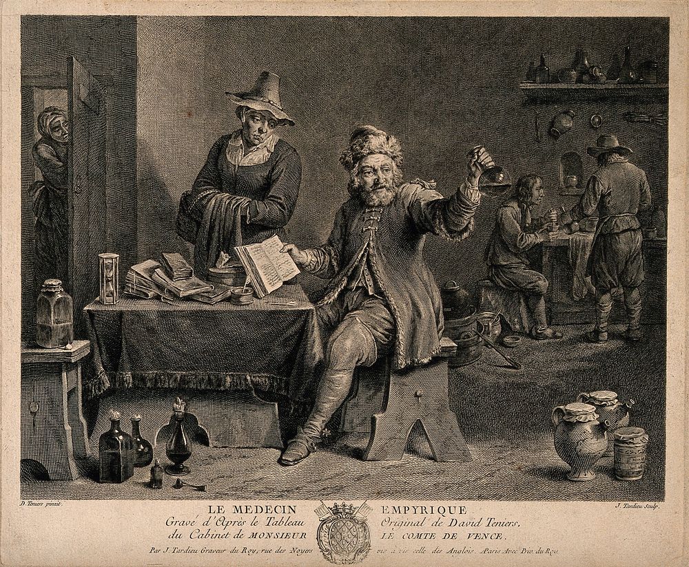A medical practitioner examining a urine flask and referring to a book Engraving by J.B. Tardieu after D. Teniers.