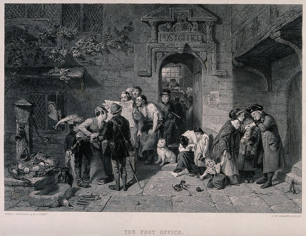 Groups of people are gathered outside a building reading newspapers and letters. Engraving by C.W. Sharpe after Frederick…